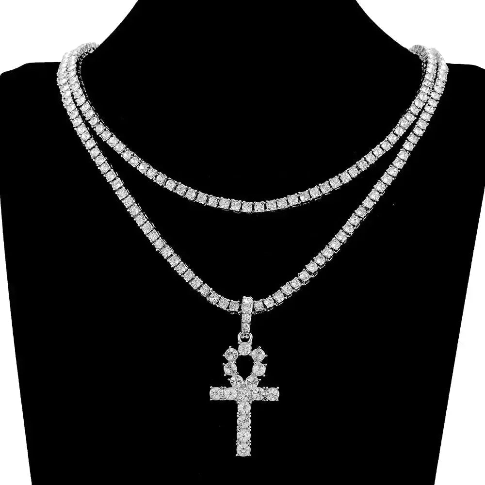 Iced Out Ankh Cross Pendant Necklace Choker Chain Necklace Jewelry nowadaysfashion