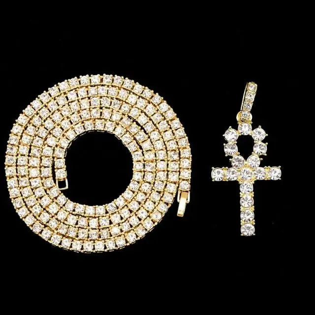 Iced Out Ankh Cross Pendant Necklace Choker Chain Necklace Jewelry nowadaysfashion