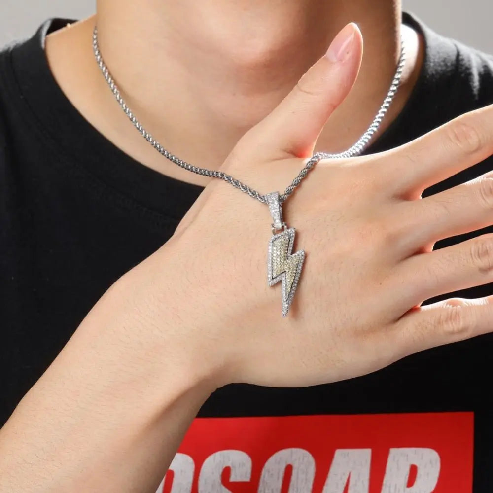 Iced Out Bling Lightning Pendants With Tennis Chain Copper Material Men's Hip Hop Jewelry Gift nowadaysfashion