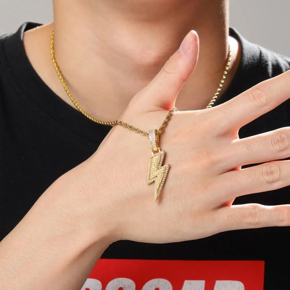 Iced Out Bling Lightning Pendants With Tennis Chain Copper Material Men's Hip Hop Jewelry Gift nowadaysfashion