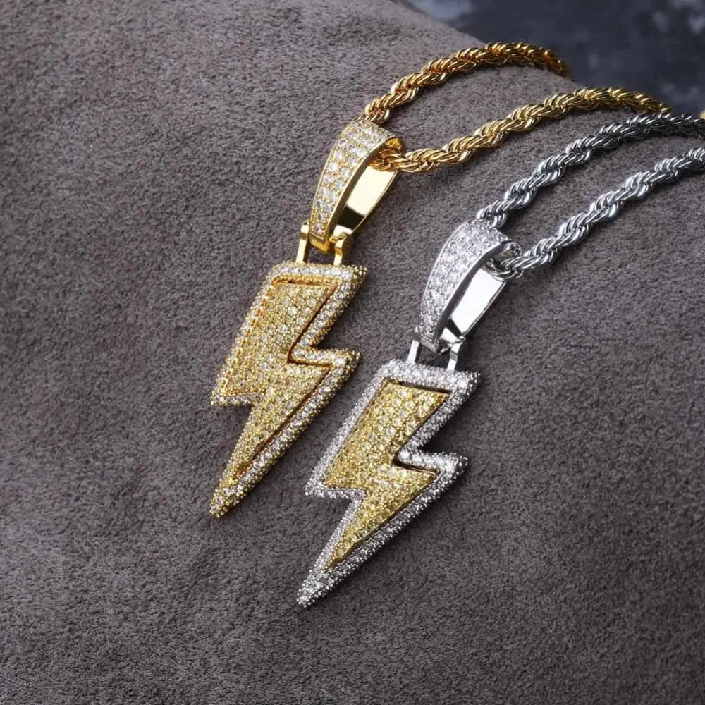 Iced Out Bling Lightning Pendants With Tennis Chain Copper Material Men's Hip Hop Jewelry Gift nowadaysfashion