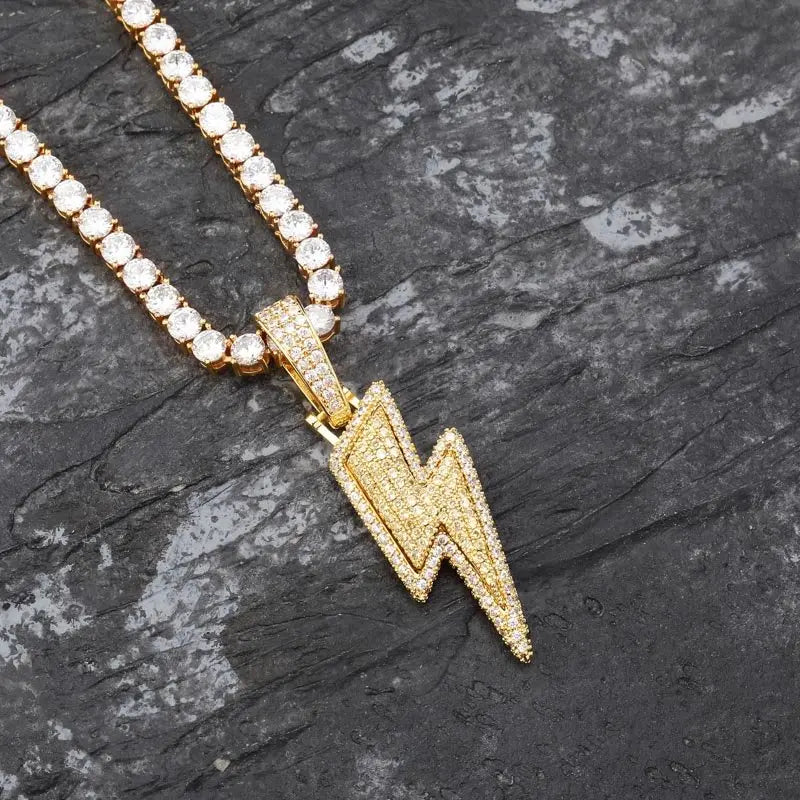Iced Out Bling Lightning Pendants With Tennis Chain Copper Material Men's Hip Hop Jewelry Gift nowadaysfashion