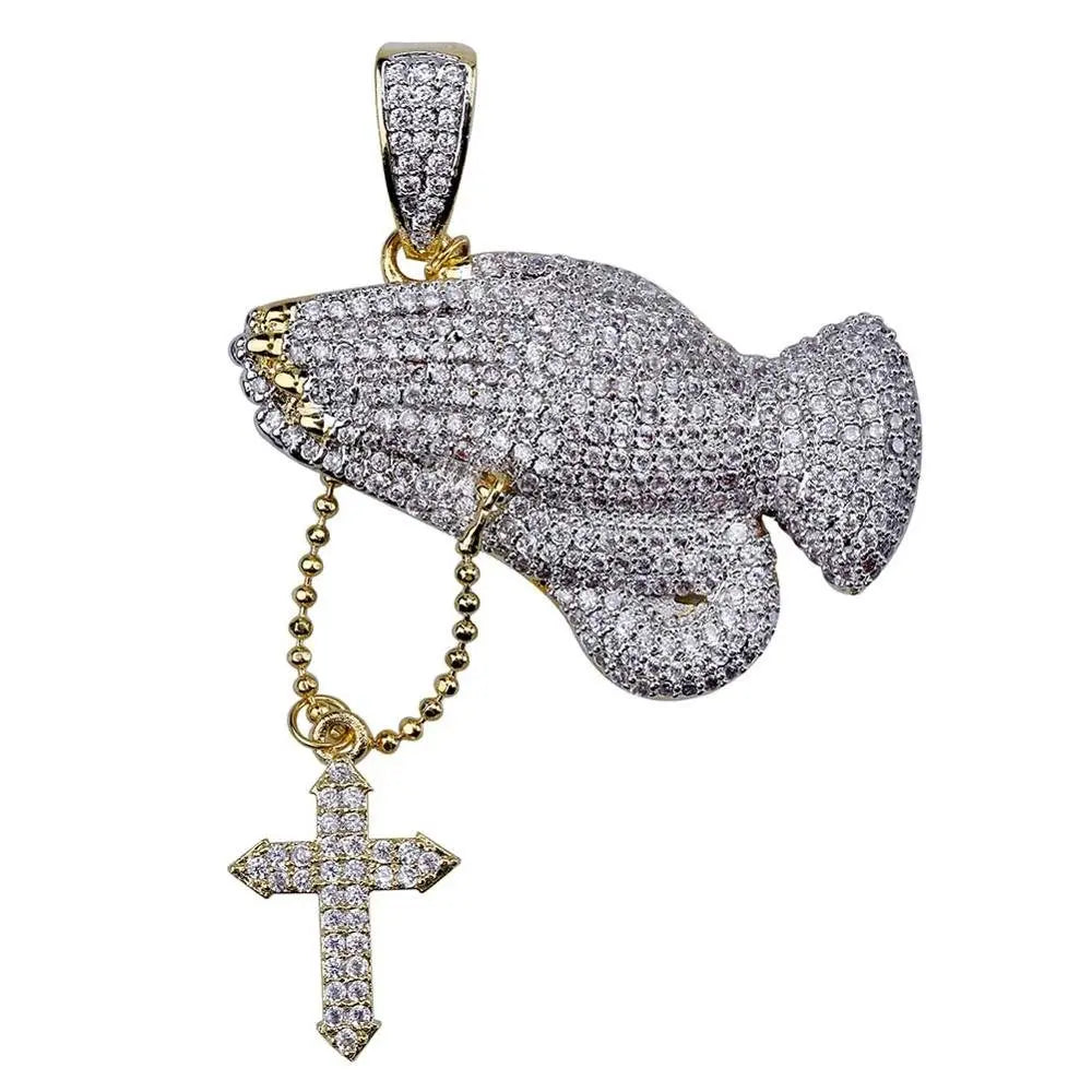Iced Out Praying Hand Pendant Necklace With Cross Gold Silver Color Hip Hop Necklace - Blade & Thread