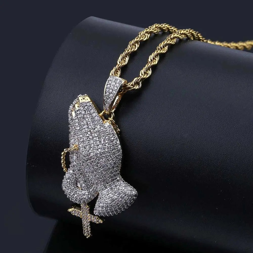 Iced Out Praying Hand Pendant Necklace With Cross Gold Silver Color Hip Hop Necklace - Blade & Thread