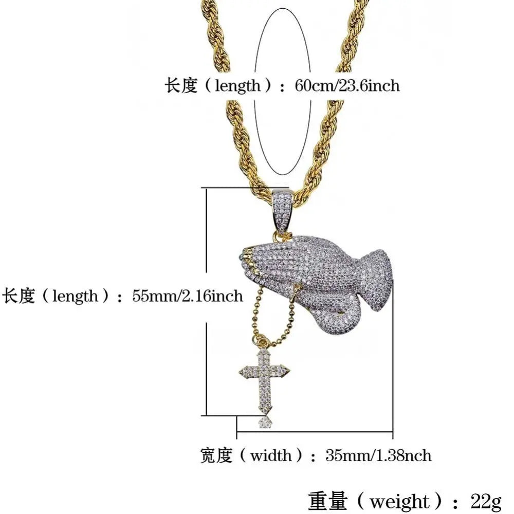 Iced Out Praying Hand Pendant Necklace With Cross Gold Silver Color Hip Hop Necklace nowadaysfashion