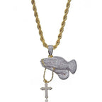 Iced Out Praying Hand Pendant Necklace With Cross Gold Silver Color Hip Hop Necklace nowadaysfashion