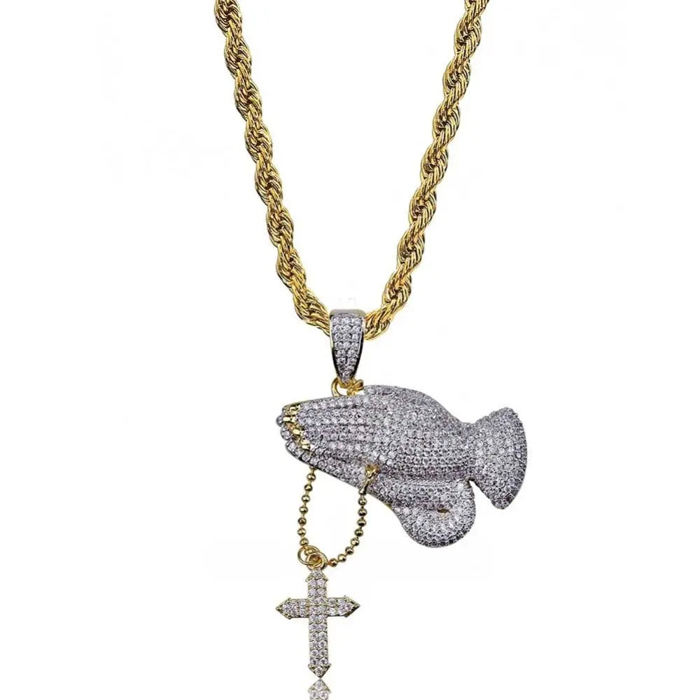 Iced Out Praying Hand Pendant Necklace With Cross Gold Silver Color Hip Hop Necklace - Blade & Thread