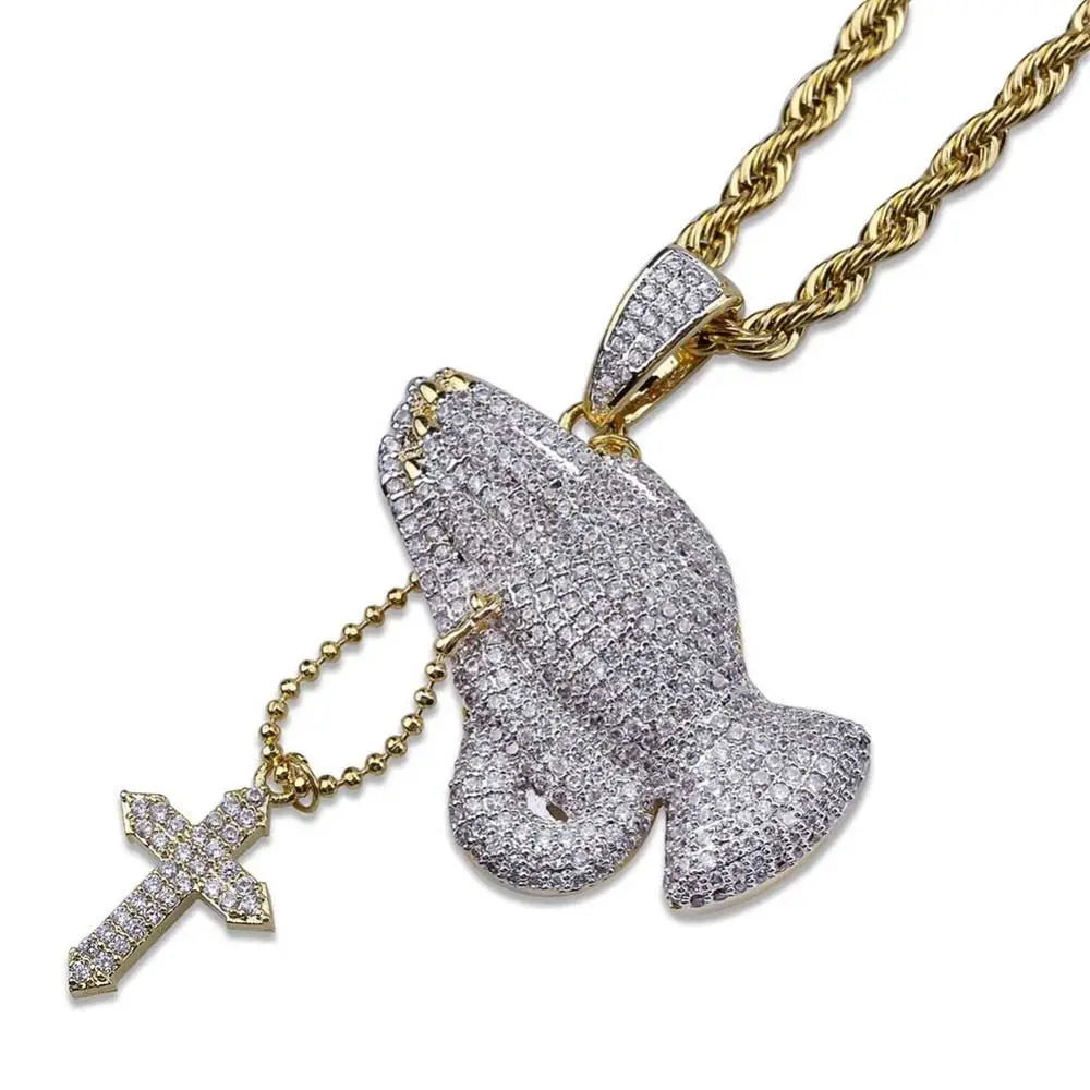 Iced Out Praying Hand Pendant Necklace With Cross Gold Silver Color Hip Hop Necklace - Blade & Thread