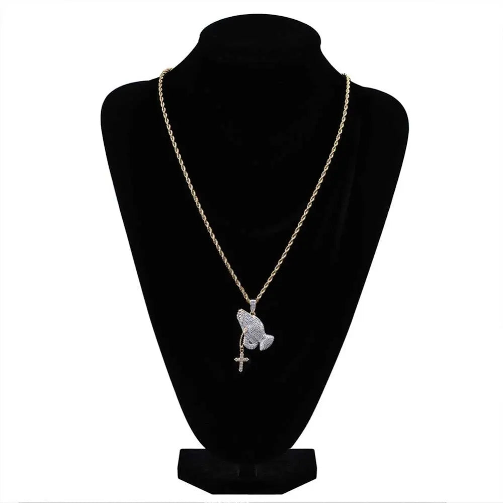 Iced Out Praying Hand Pendant Necklace With Cross Gold Silver Color Hip Hop Necklace - Blade & Thread