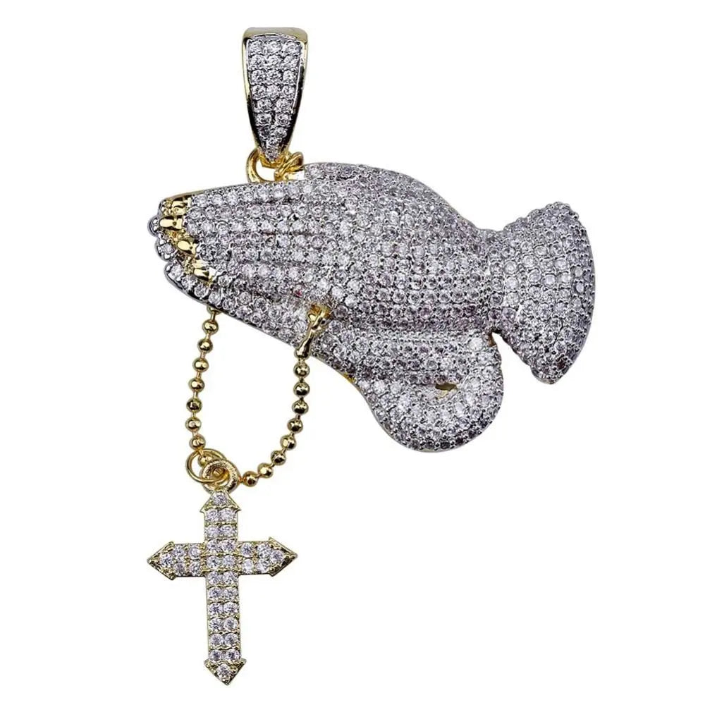 Iced Out Praying Hand Pendant Necklace With Cross Gold Silver Color Hip Hop Necklace nowadaysfashion
