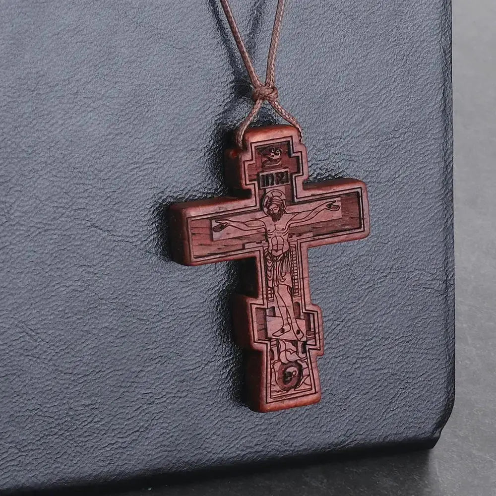 INRI red and black wood cross necklace rope chain religious - Blade & Thread