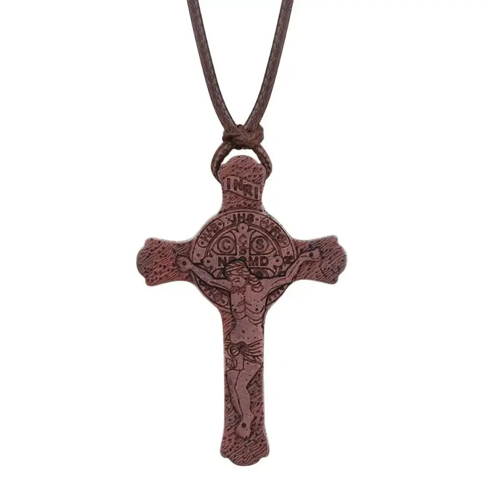 INRI red and black wood cross necklace rope chain religious - Blade & Thread