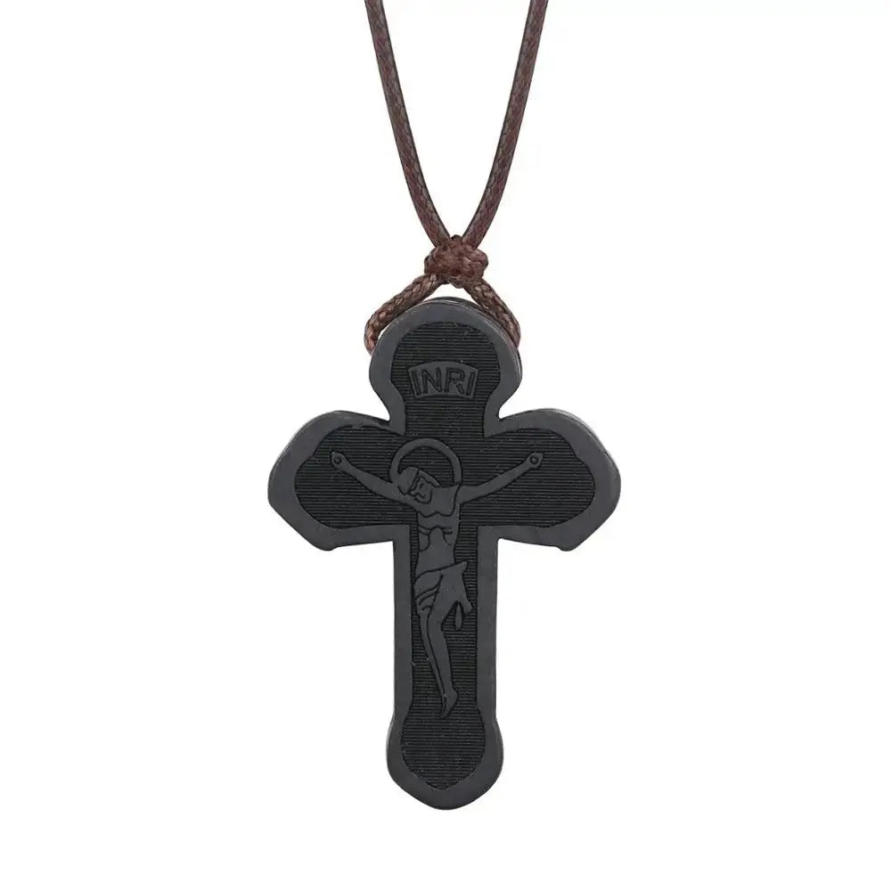 INRI red and black wood cross necklace rope chain religious - Blade & Thread