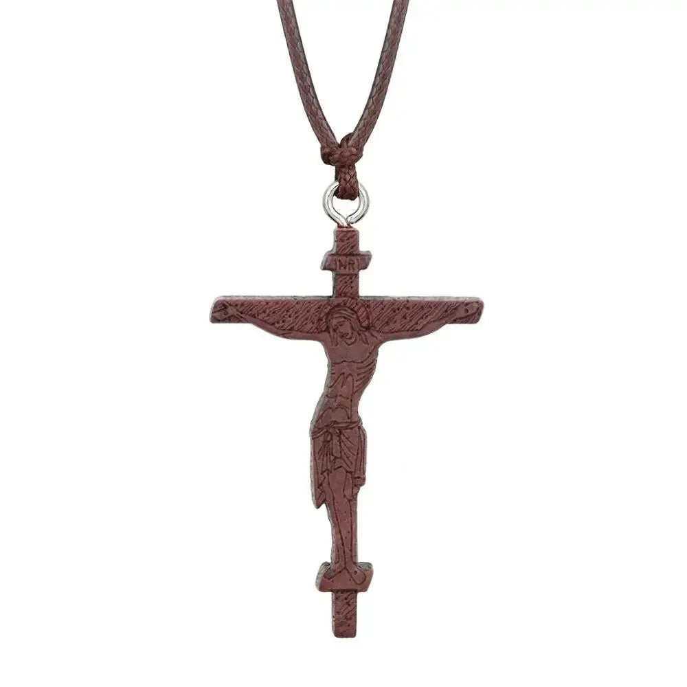 INRI red and black wood cross necklace rope chain religious - Blade & Thread