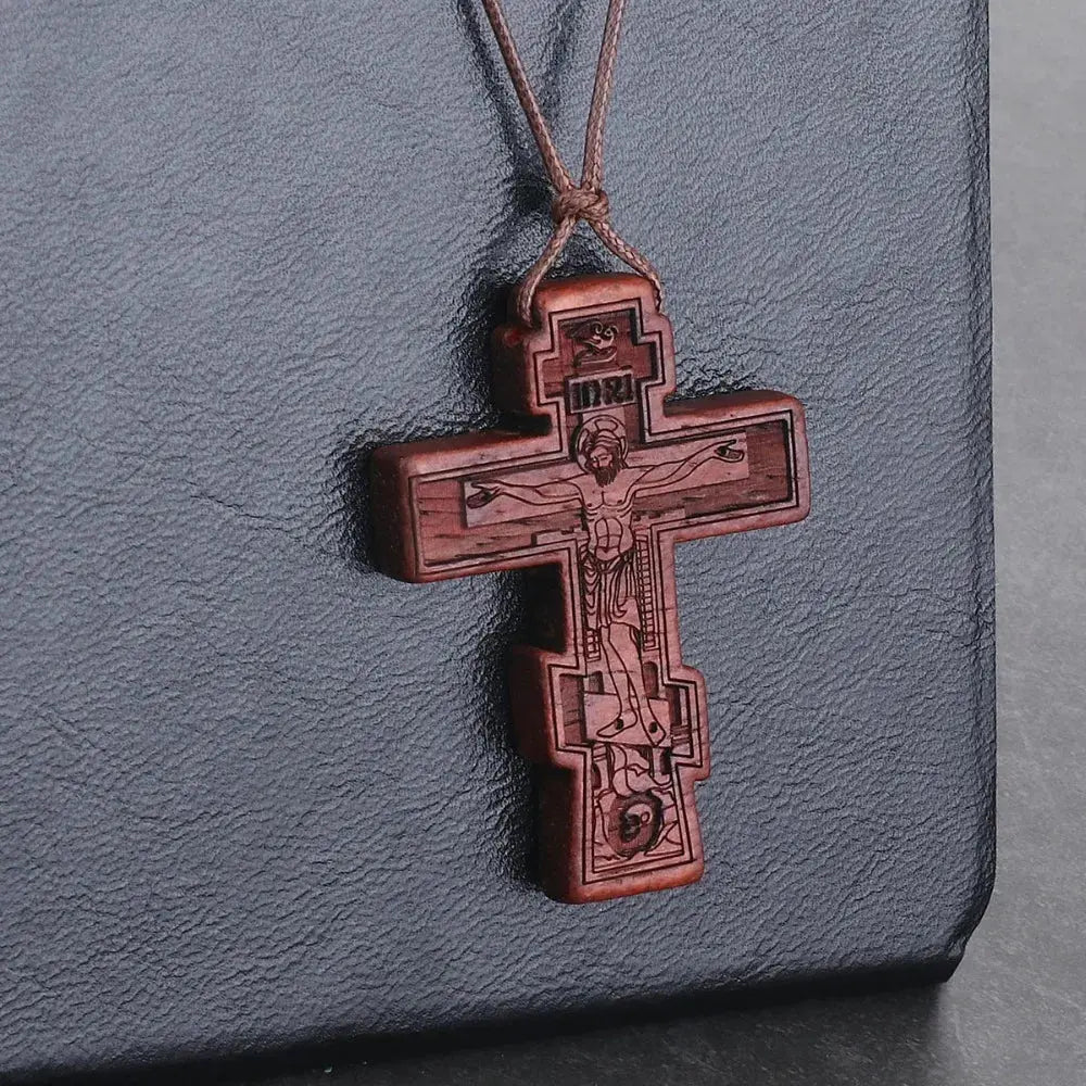 INRI red and black wood cross necklace rope chain religious - Blade & Thread