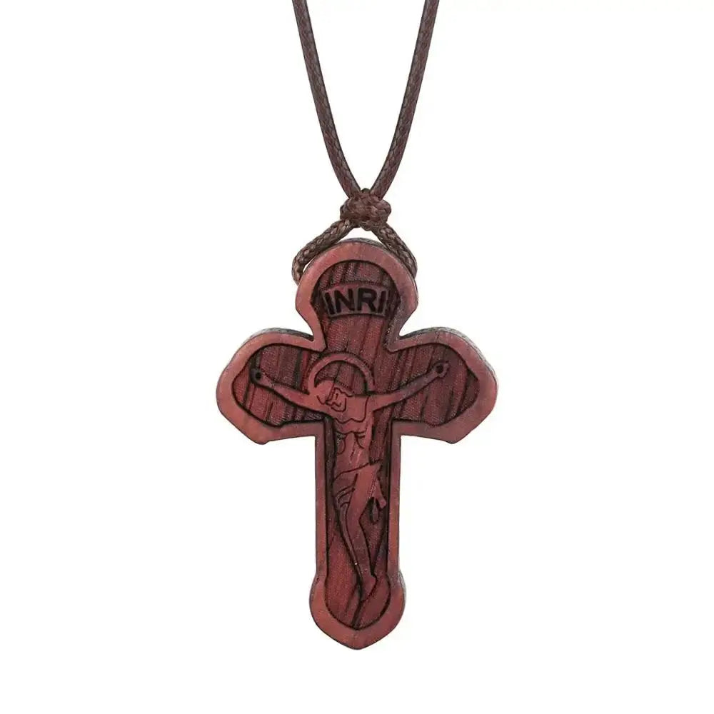 INRI red and black wood cross necklace rope chain religious - Blade & Thread