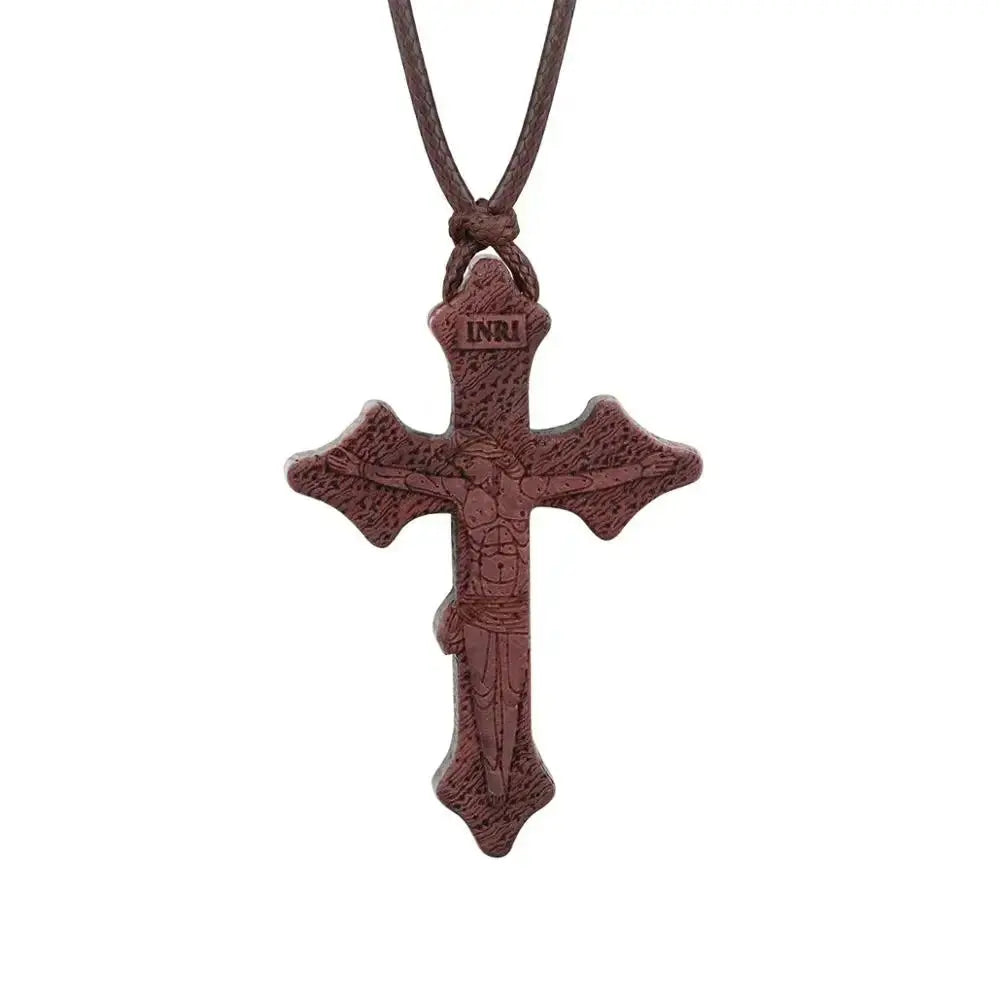INRI red and black wood cross necklace rope chain religious - Blade & Thread