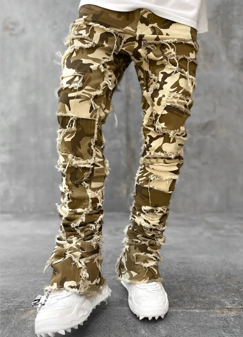 Ins Fringes Ripped Trousers Individual Patched Pants Long Tight Fit Stacked Jeans for Mens Clothing Blade & Thread