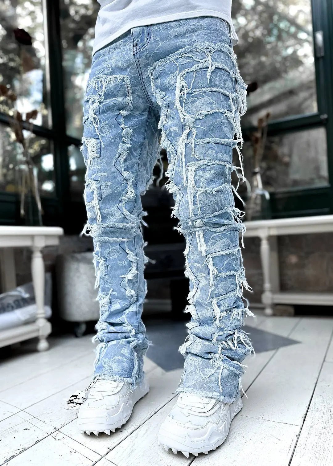 Ins Fringes Ripped Trousers Individual Patched Pants Long Tight Fit Stacked Jeans for Mens Clothing - Blade & Thread