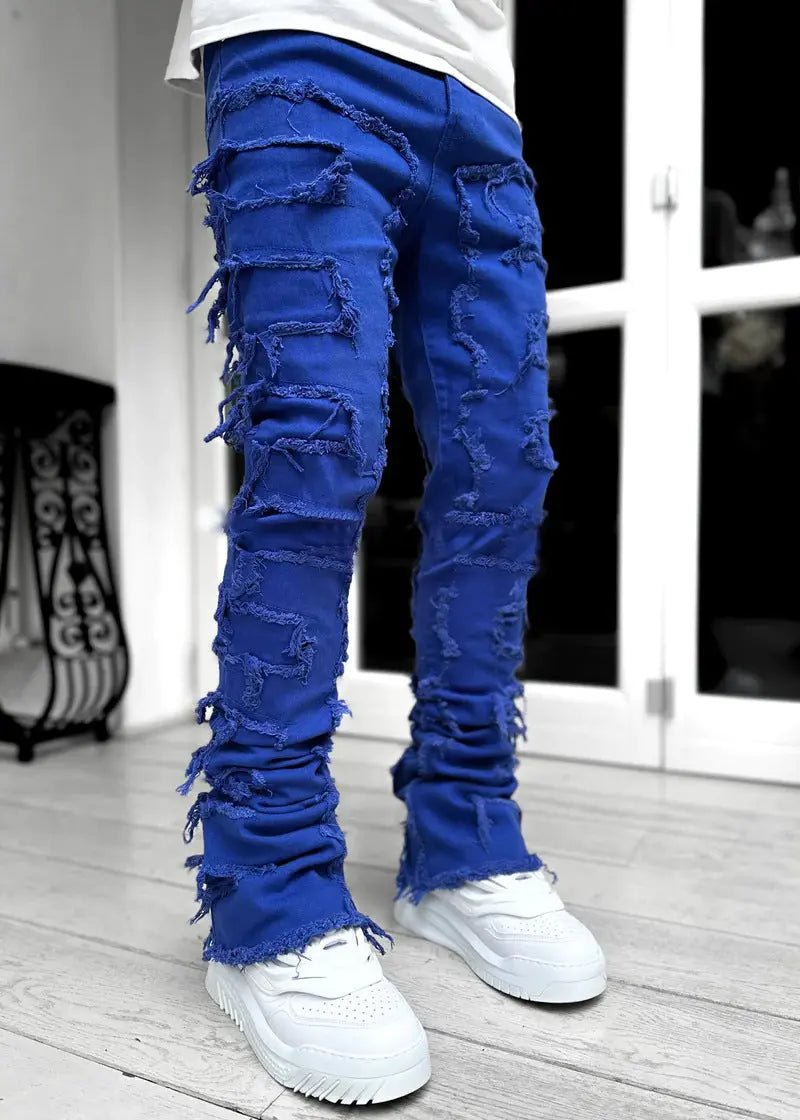 Ins Fringes Ripped Trousers Individual Patched Pants Long Tight Fit Stacked Jeans for Mens Clothing - Blade & Thread