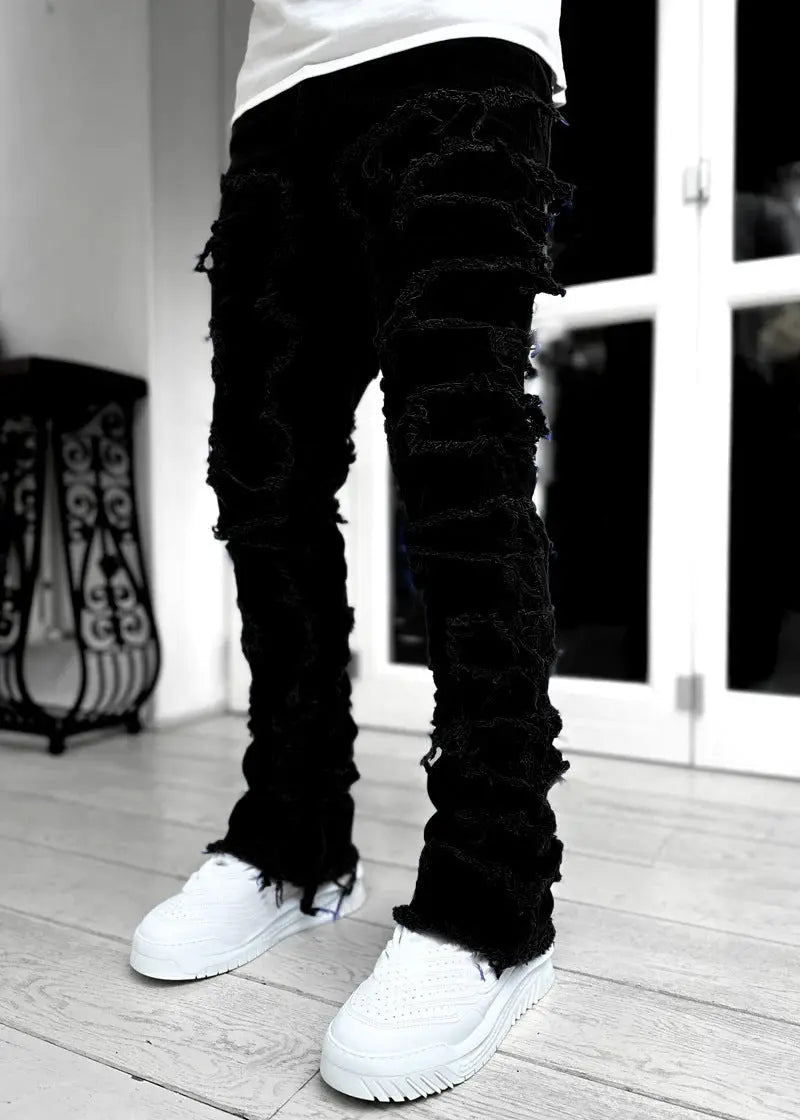 Ins Fringes Ripped Trousers Individual Patched Pants Long Tight Fit Stacked Jeans for Mens Clothing - Blade & Thread