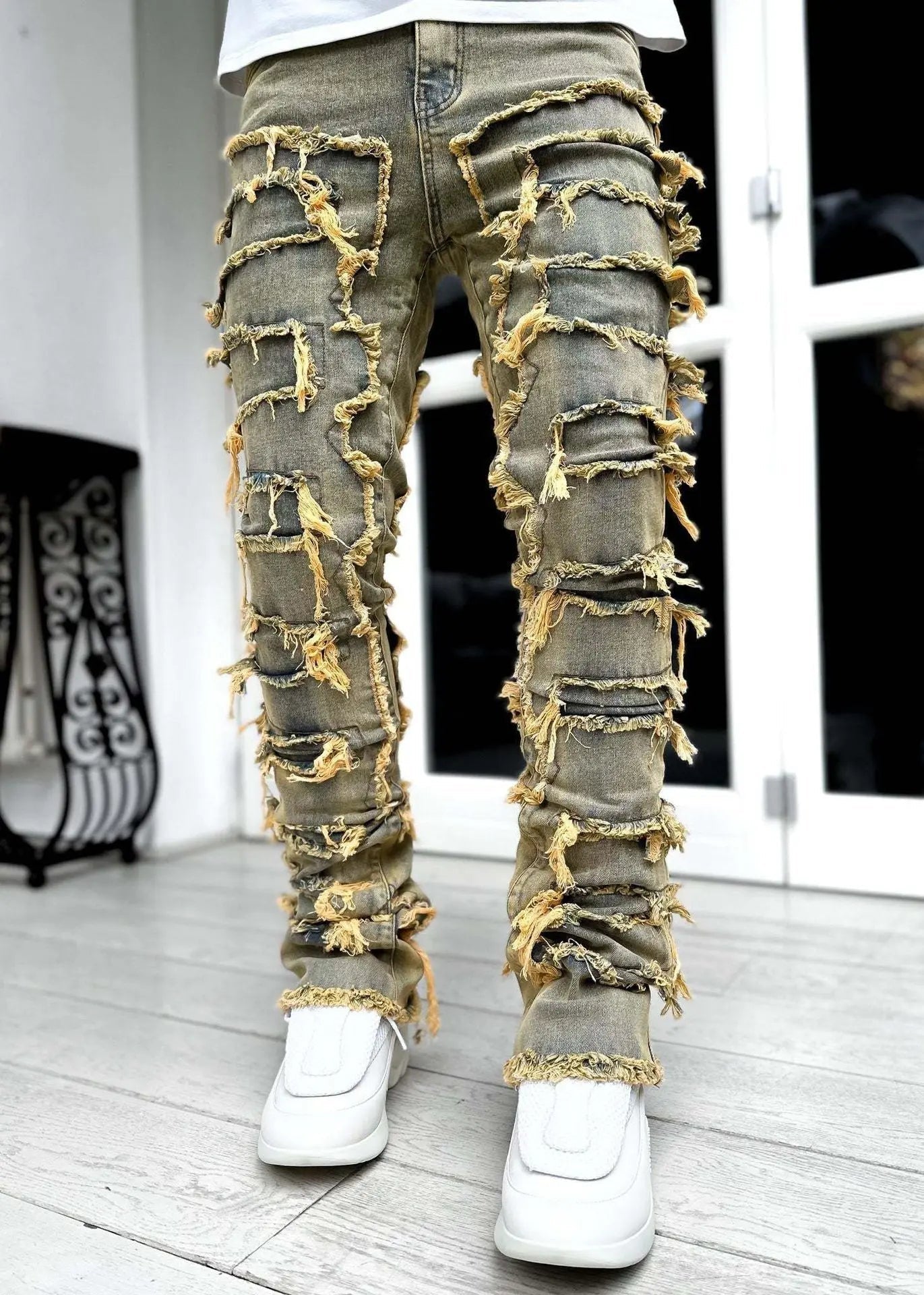 Ins Fringes Ripped Trousers Individual Patched Pants Long Tight Fit Stacked Jeans for Mens Clothing - Blade & Thread