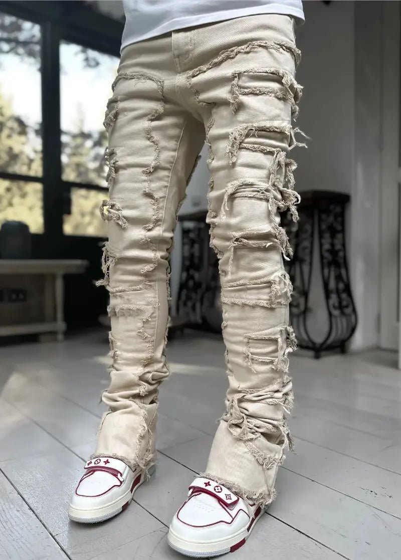 Ins Fringes Ripped Trousers Individual Patched Pants Long Tight Fit Stacked Jeans for Mens Clothing - Blade & Thread