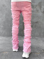 Ins Fringes Ripped Trousers Individual Patched Pants Long Tight Fit Stacked Jeans for Mens Clothing Blade & Thread