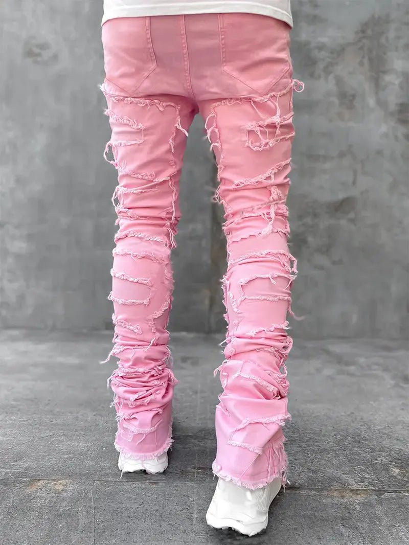 Ins Fringes Ripped Trousers Individual Patched Pants Long Tight Fit Stacked Jeans for Mens Clothing - Blade & Thread