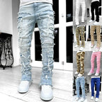 Ins Fringes Ripped Trousers Individual Patched Pants Long Tight Fit Stacked Jeans for Mens Clothing Blade & Thread