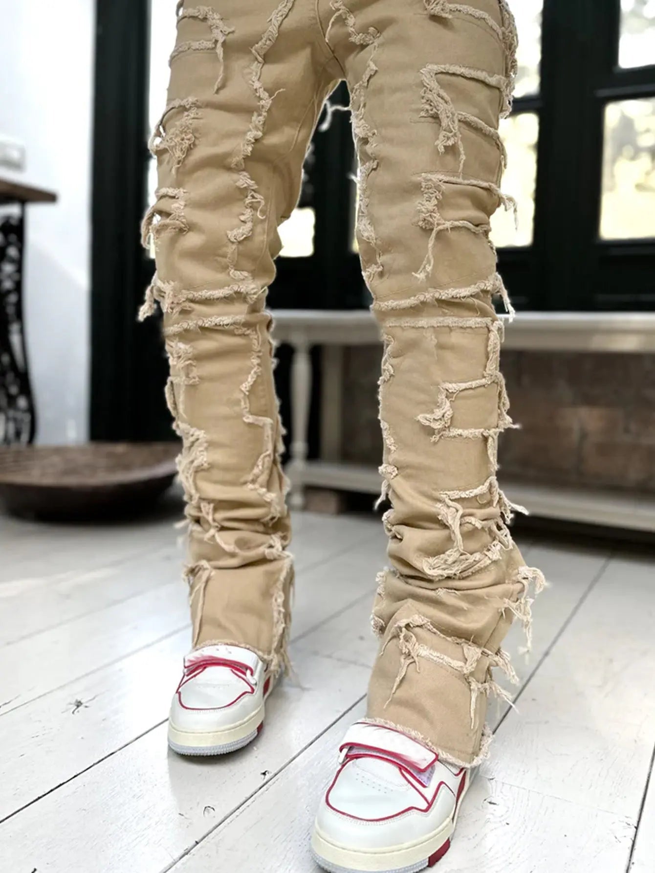 Ins Fringes Ripped Trousers Individual Patched Pants Long Tight Fit Stacked Jeans for Mens Clothing - Blade & Thread