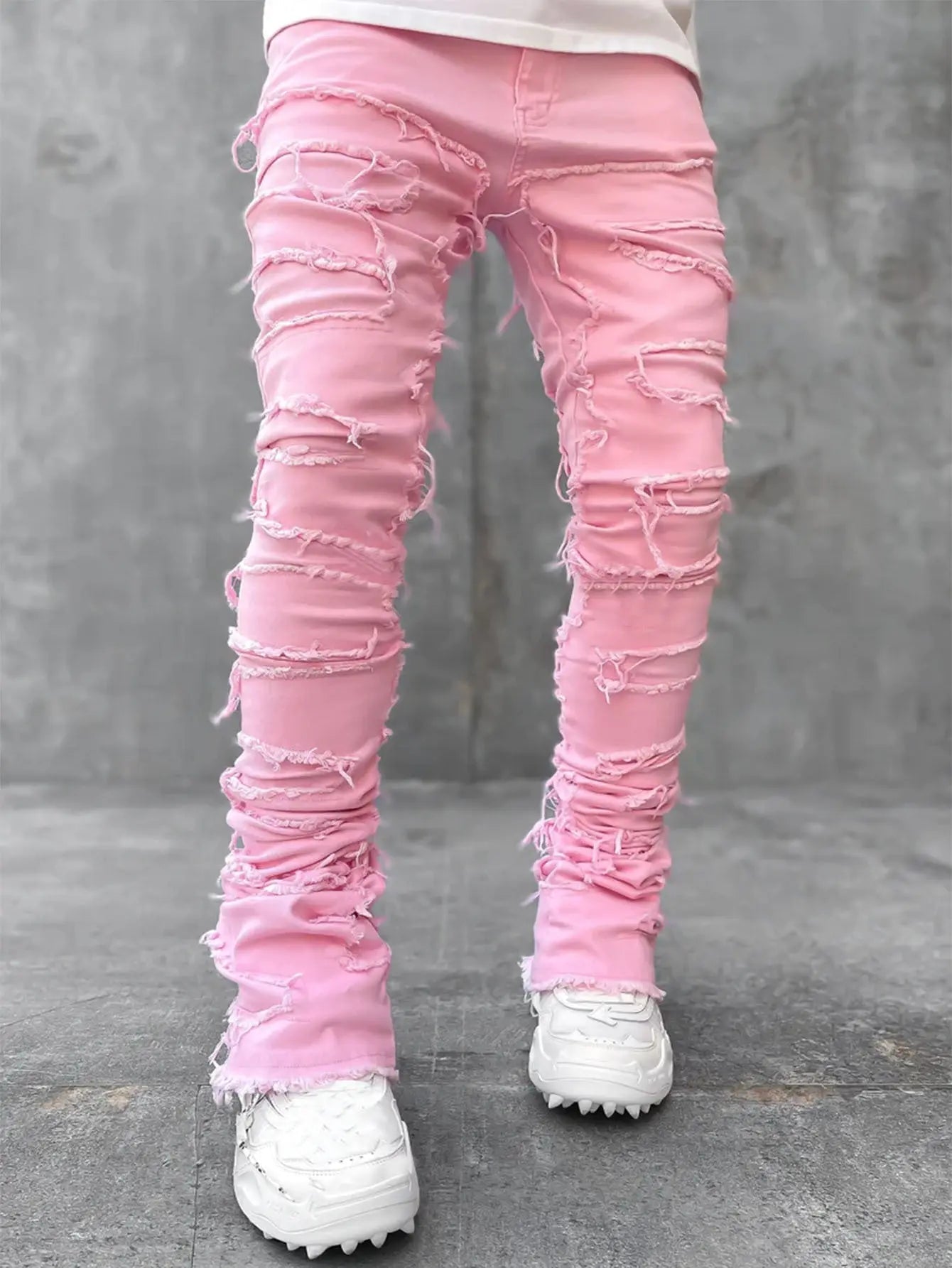 Ins Fringes Ripped Trousers Individual Patched Pants Long Tight Fit Stacked Jeans for Mens Clothing - Blade & Thread
