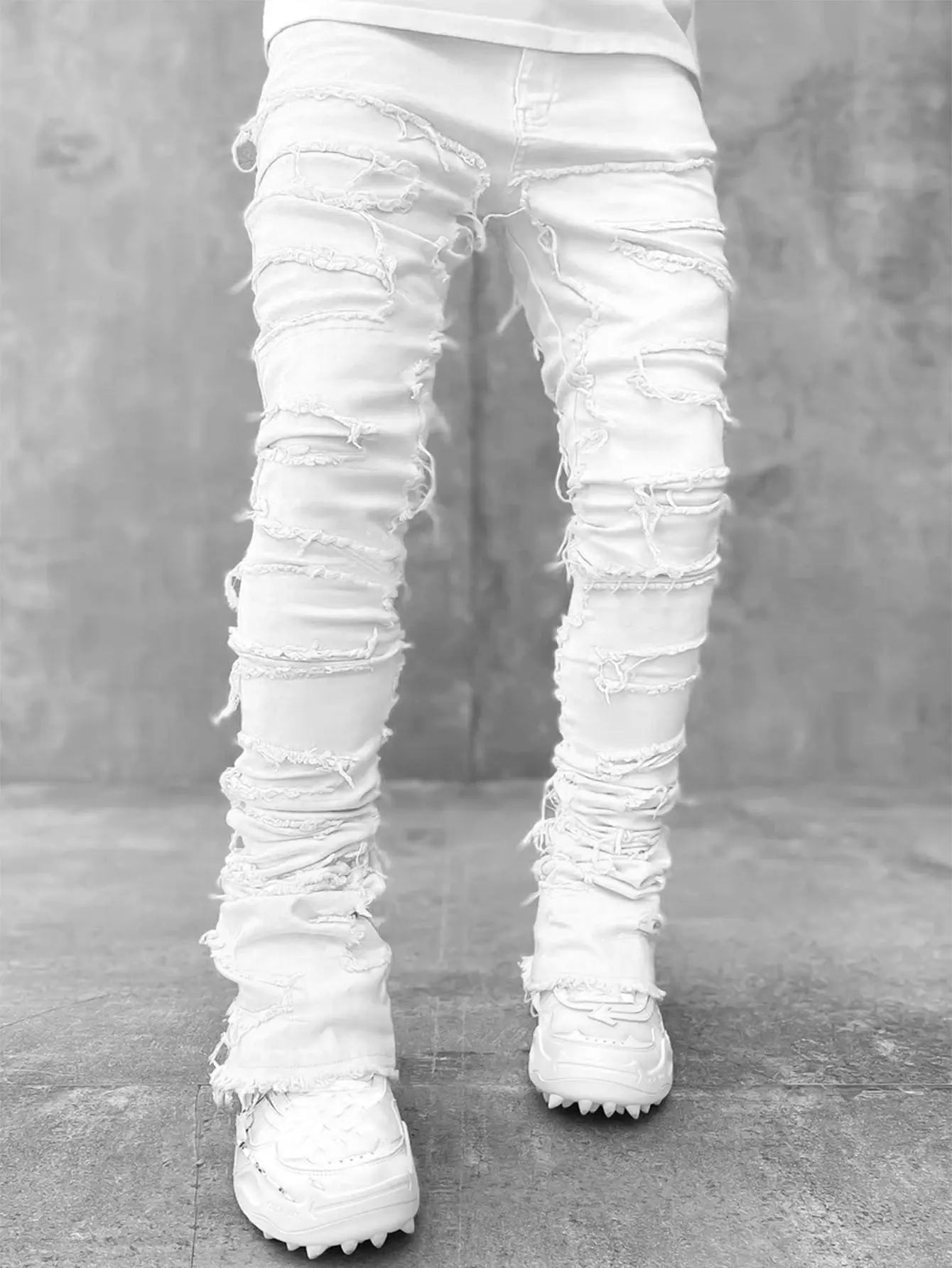 Ins Fringes Ripped Trousers Individual Patched Pants Long Tight Fit Stacked Jeans for Mens Clothing - Blade & Thread