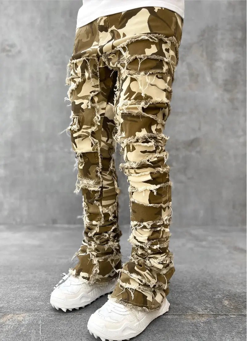 Ins Fringes Ripped Trousers Individual Patched Pants Long Tight Fit Stacked Jeans for Mens Clothing - Blade & Thread
