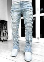 Ins Fringes Ripped Trousers Individual Patched Pants Long Tight Fit Stacked Jeans for Mens Clothing Blade & Thread