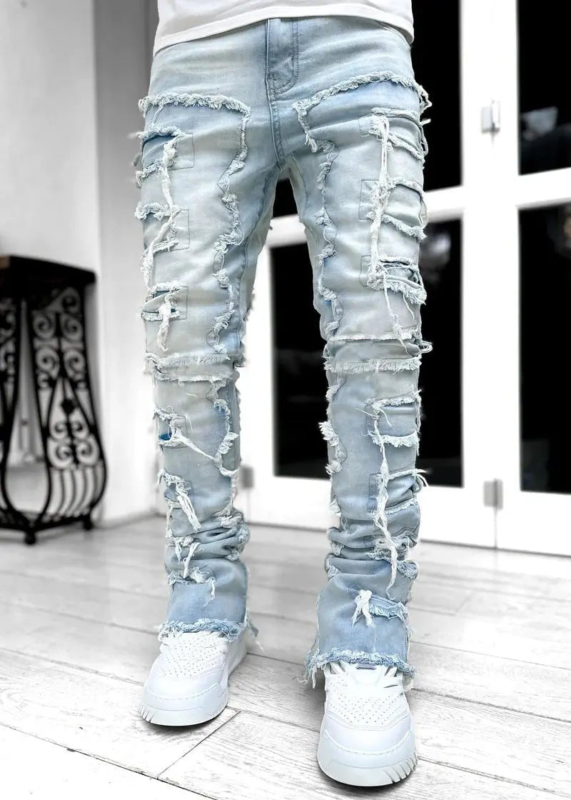 Ins Fringes Ripped Trousers Individual Patched Pants Long Tight Fit Stacked Jeans for Mens Clothing - Blade & Thread
