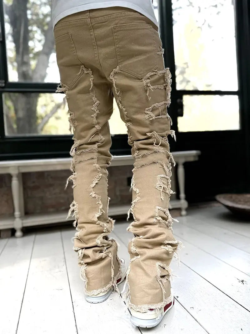 Ins Fringes Ripped Trousers Individual Patched Pants Long Tight Fit Stacked Jeans for Mens Clothing Blade & Thread
