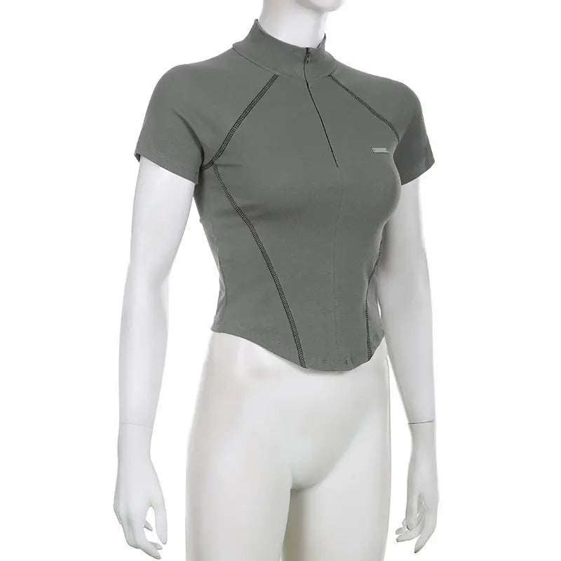 Invisible Zipper Stand Collar Short Sleeve Top Slim Fit Bottom T-Shirt - Blade & Thread