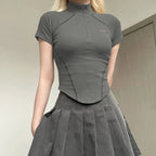 Invisible Zipper Stand Collar Short Sleeve Top Slim Fit Bottom T-Shirt nowadaysfashion