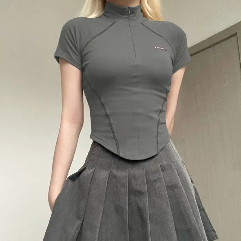 Invisible Zipper Stand Collar Short Sleeve Top Slim Fit Bottom T-Shirt - Blade & Thread
