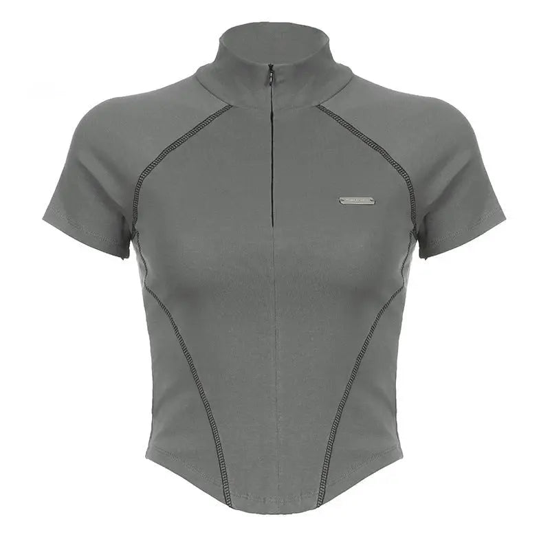Invisible Zipper Stand Collar Short Sleeve Top Slim Fit Bottom T-Shirt - Blade & Thread