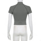 Invisible Zipper Stand Collar Short Sleeve Top Slim Fit Bottom T-Shirt nowadaysfashion