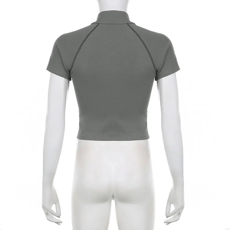 Invisible Zipper Stand Collar Short Sleeve Top Slim Fit Bottom T-Shirt - Blade & Thread