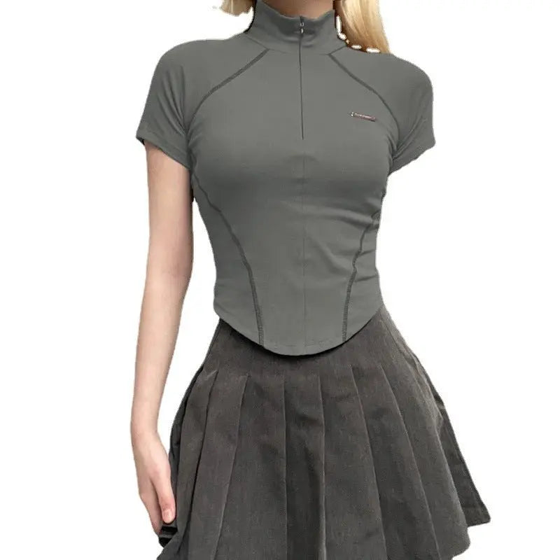 Invisible Zipper Stand Collar Short Sleeve Top Slim Fit Bottom T-Shirt - Blade & Thread