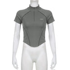 Invisible Zipper Stand Collar Short Sleeve Top Slim Fit Bottom T-Shirt nowadaysfashion