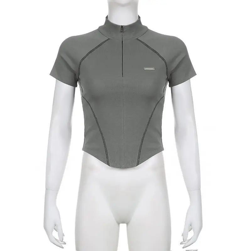 Invisible Zipper Stand Collar Short Sleeve Top Slim Fit Bottom T-Shirt - Blade & Thread