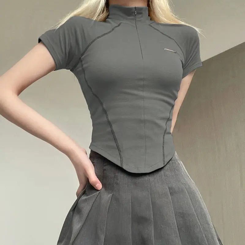 Invisible Zipper Stand Collar Short Sleeve Top Slim Fit Bottom T-Shirt - Blade & Thread