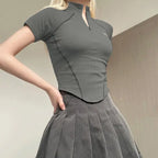 Invisible Zipper Stand Collar Short Sleeve Top Slim Fit Bottom T-Shirt nowadaysfashion