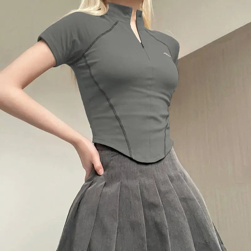 Invisible Zipper Stand Collar Short Sleeve Top Slim Fit Bottom T-Shirt - Blade & Thread