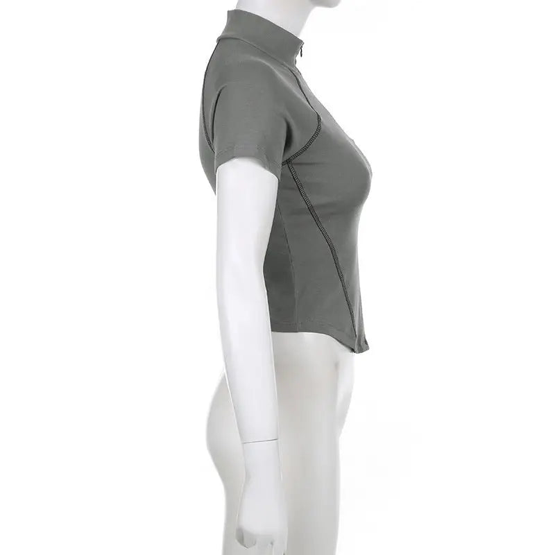 Invisible Zipper Stand Collar Short Sleeve Top Slim Fit Bottom T-Shirt - Blade & Thread